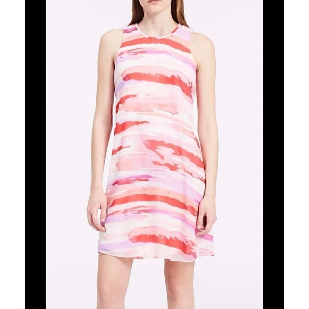 Calvin Klein Watermelon Stripe Printed Georgette Shift Dress Lined Size 2 Pink S